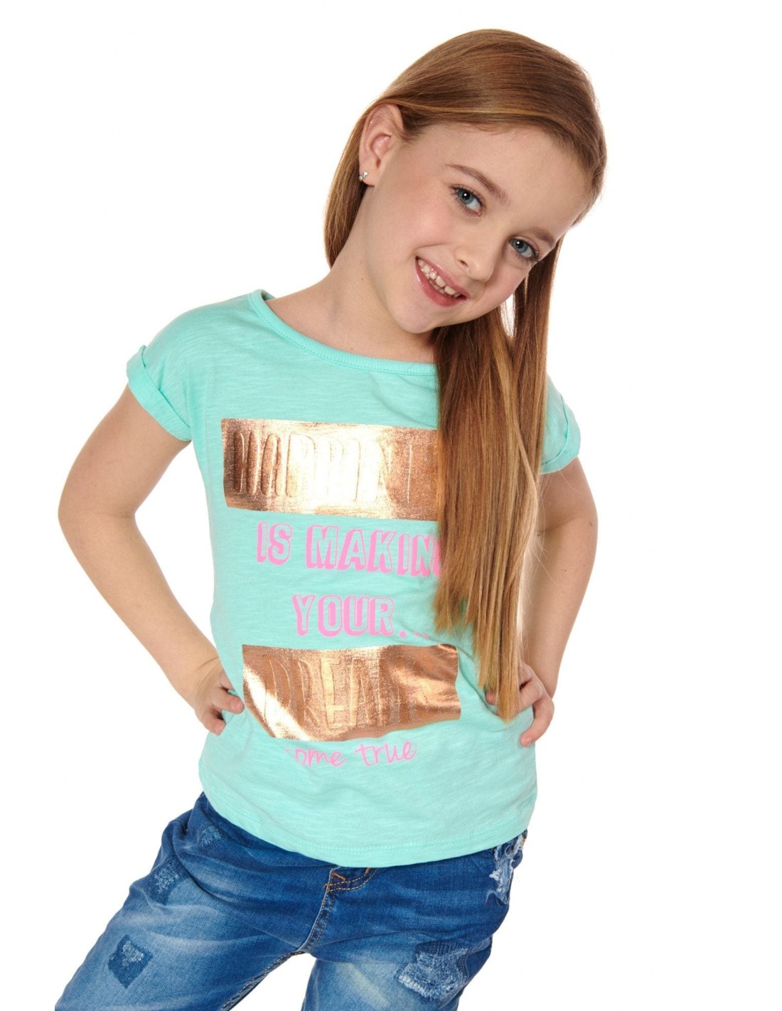 Girls\' T-shirt with inscriptions, mint NDZ8194 - Online store - Boutique